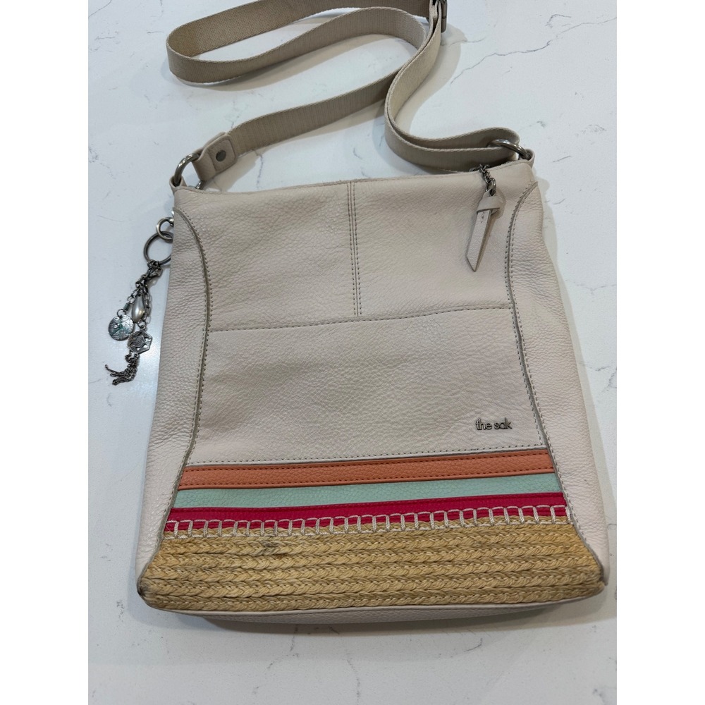 The Sak Cream Leather Striped Woven Straw Crossbody Bag Messenger Boho